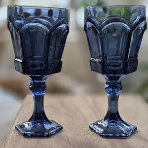 Vintage Frostoria Dark Blue Glass Goblet - Set of 2